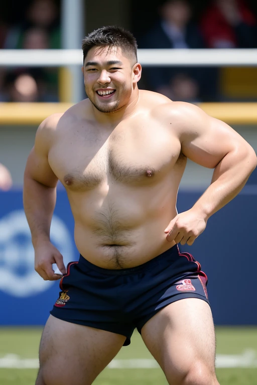 ((highest quality)), ((masterpiece)), (detailed), ((Perfect Face)), 4k, Shaved head, Young Japanese, Muscular, Fat body, Very big man, smile, ((showing off crotch)) A large Japanese man shirtless、whole body、Rugby player、Thick legs、Thick arm muscles、Intimidating、whole body、wearing a very tight and very short black-shorts, (shirtless)、((At the rugby field)), Legs open,