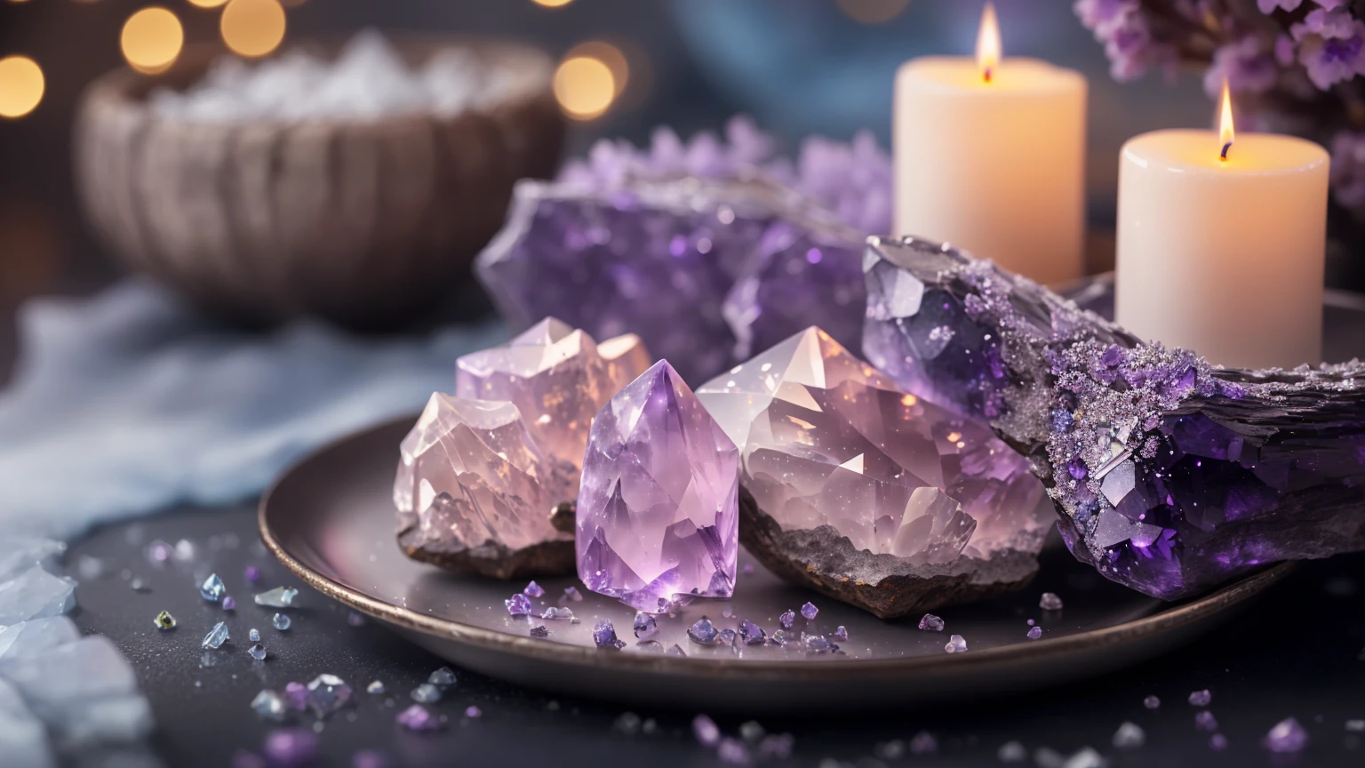 candles and crystallization on a plate with a towel and towel, magical crystallization, crystallization enlight the scene, beautiful crystallization, Magical and mystical, crystallization, with crystallization on the walls, crystallizationの付着物, beautiful flowers and crystallization, crystallizationのインクルージョン, Jewels and treasures, amethyst mineral quartz, Mysterious setting, crystallizationクラスター, floating symbols and crystallization, purple crystallization、８K