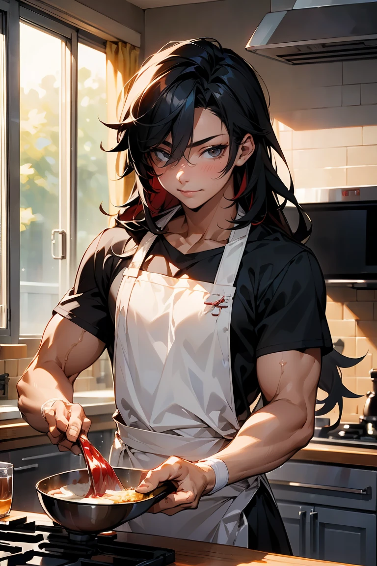male character, young adult, fit lean body, muscular, himbo, tan skin, bubbly personality, long hair black hair with red strands, on a kitchen, cooking something, bishonen, celshaded, bright and warm colors, homey vibe, casual clothes with apron on