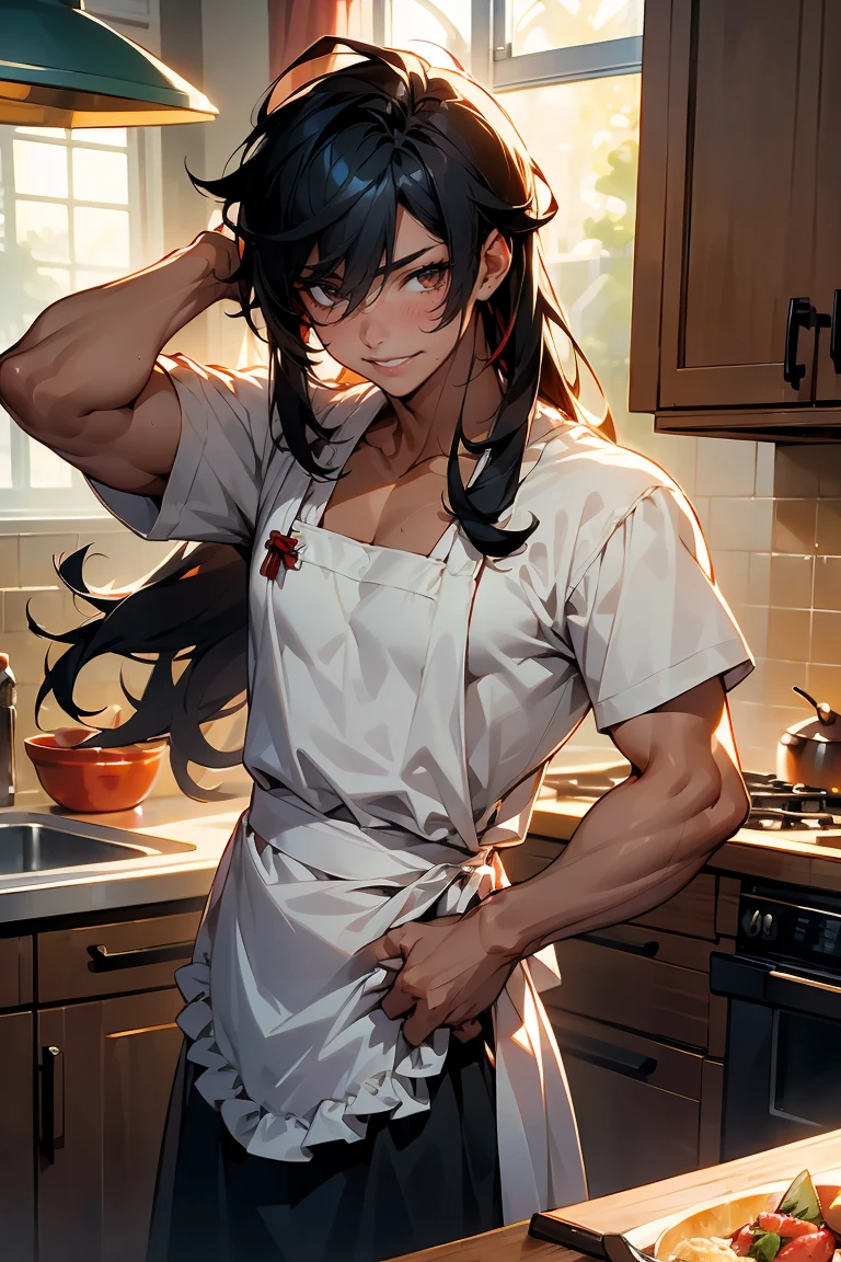 male character, young adult, fit lean body, muscular, himbo, tan skin, bubbly personality, long hair black hair with red strands, on a kitchen, cooking something, bishonen, celshaded, bright and warm colors, homey vibe, casual clothes with apron on