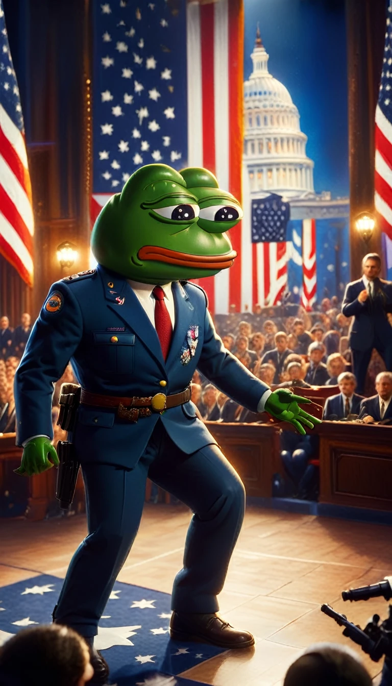 a highly detailed, photorealistic, 8k image of pepe the frog, a political figure on stage, with a bodyguard protecting him, dramatic pose, cinematic lighting, intricate background, vibrant colors