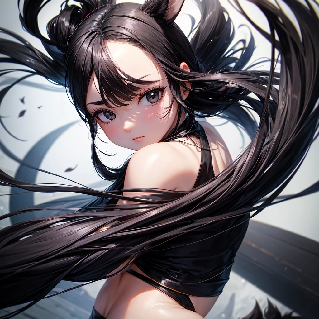 Woman round face, black eyes, long smooth black fur