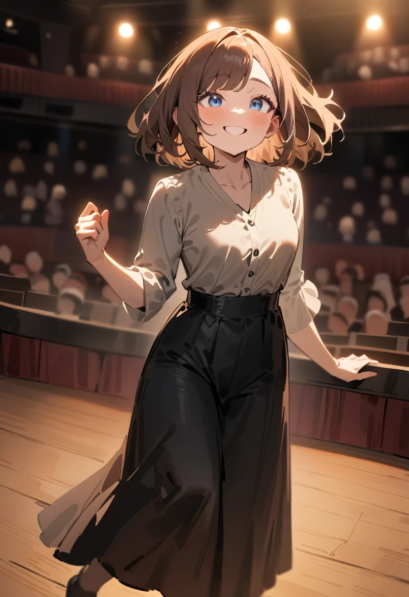 masterpiece, best quality, very aesthetic, absurdres, newest, 1girl, solo, asymmetrical bangs, tareme, 20s, brown hair, shoulder-length hair, blue eyes, looking forward, smiling, slightly tipsy, stage, theater, audience in background, warm lighting, full body, comedic mood