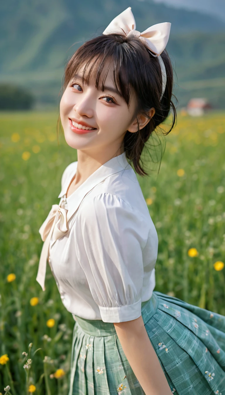 Medium field of view, Medium shot, Depth of Field, Break, Upper Body, angle, masterpiece, best quality, Very detailed, CG, 8k wallpaper, Pretty Face, Exquisite eyes, one country, Solitary, Smile, Bangs, skirt, shirt, have, skirt, bow, petal, bouquet
