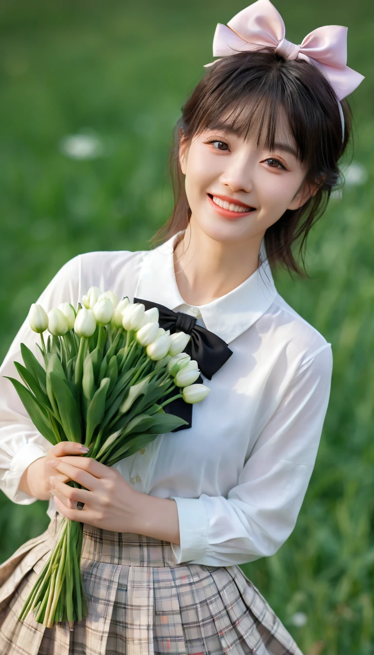 Medium field of view, Medium shot, Depth of Field, Break, Upper Body, angle, masterpiece, best quality, Very detailed, CG, 8k wallpaper, Pretty Face, Exquisite eyes, one country, Solitary, Smile, Bangs, skirt, shirt, have, skirt, bow, petal, bouquet