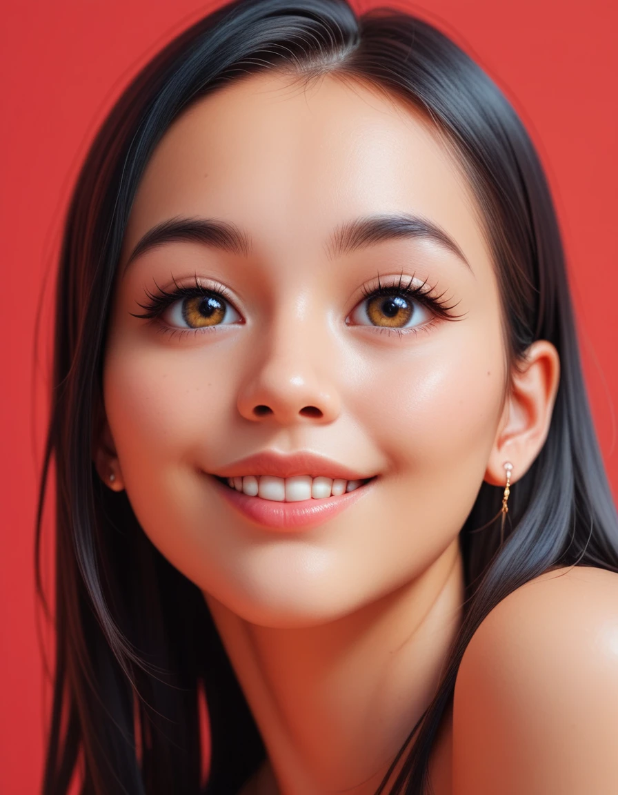 Vector Art，whole body，Flat illustration style of a cute Chinese girl, Black hair, Smile, close up，Modern and simple，Red background，Collage art style, Beautiful and detailed