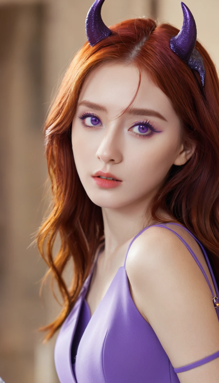4K, 8K, masterpiece, best quality, Upper Body, 1 Girl, Looking at the audience, Red hair, Medium Length Hair, Purple Eyes, Devil's Horns, Black coat, indoors, Dark, The actress's age is 23, Open your bust