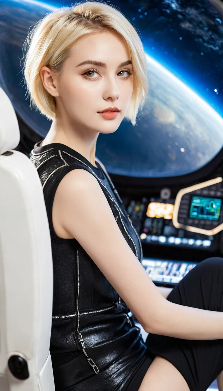 A young sexy blond woman,Keep short hair,Wearing hot clothes,Sitting in the seat of a spaceship,Windows can show beautiful stars