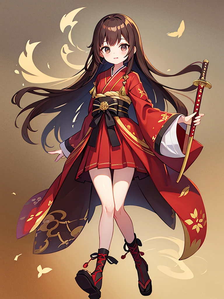 Full-body portrait、Holding a Japanese sword、True Face、woman、、Brown Hair、Long Hair、Mischievous、Brown-based red dress