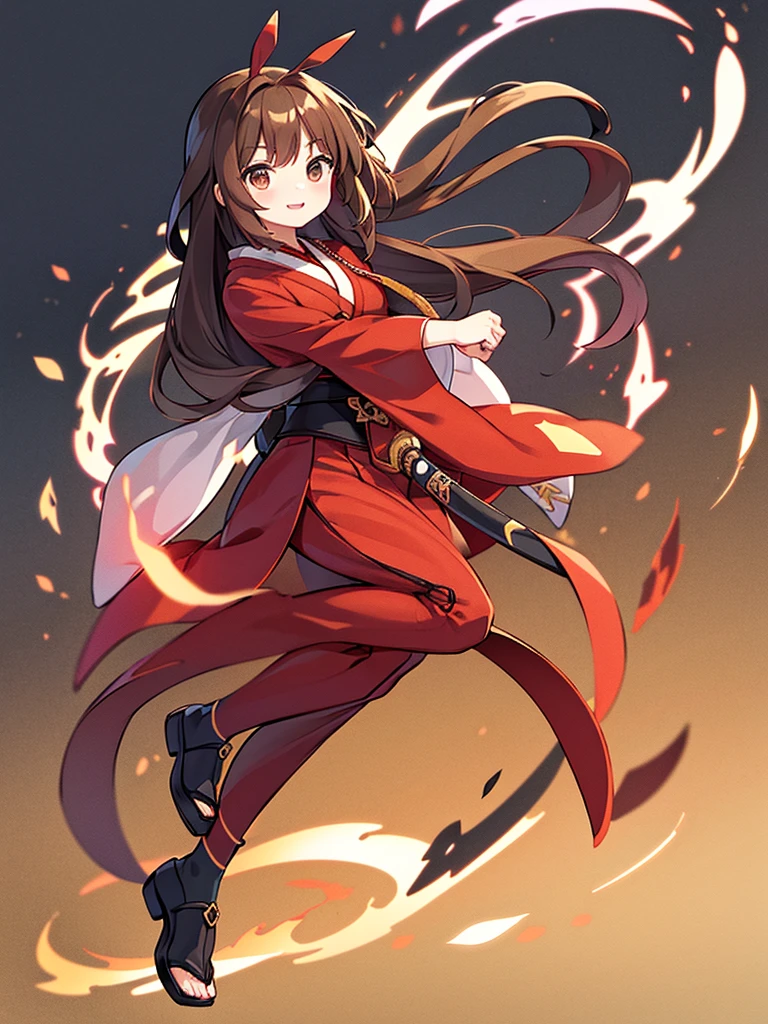 Full-body portrait、Holding a Japanese sword、True Face、woman、、Brown Hair、Long Hair、Mischievous、Brown-based red dress