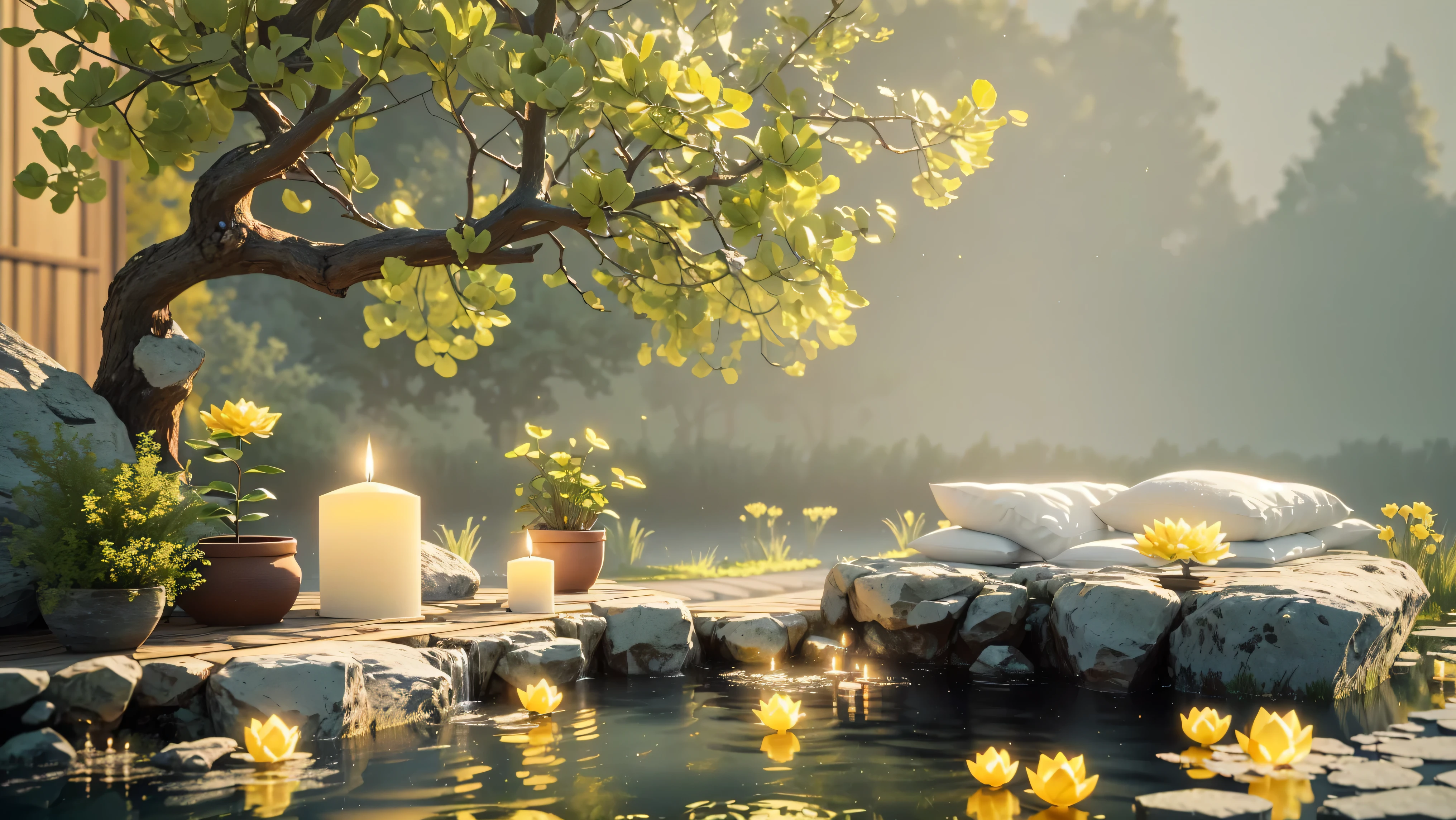 There is a small pond there decorated with candles and flowers., Relaxing environment, Relaxing concept art, Highly detailed scenes, Quiet landscape, Relaxed atmosphere, Stylized 3D rendering, 3D Stylized Scene, Quiet and peaceful atmosphere, Peaceful landscape, Warm and beautiful scenery, 3D rendering style, Serene landscape, Beautifully detailed scenes, Beautiful 3D rendering, Peaceful environment８K
