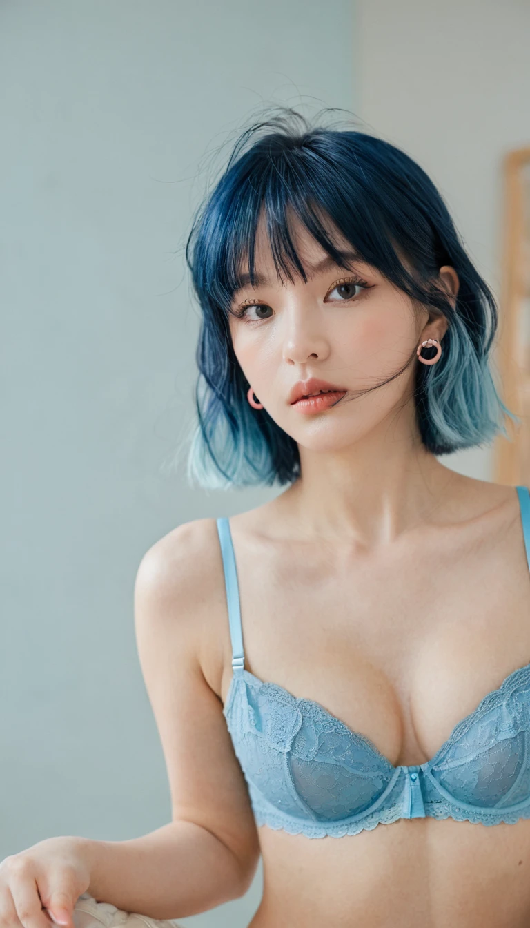 in the room, underwear, blush, Focus on the face, Bangs, Hair ring, Blue Hair
