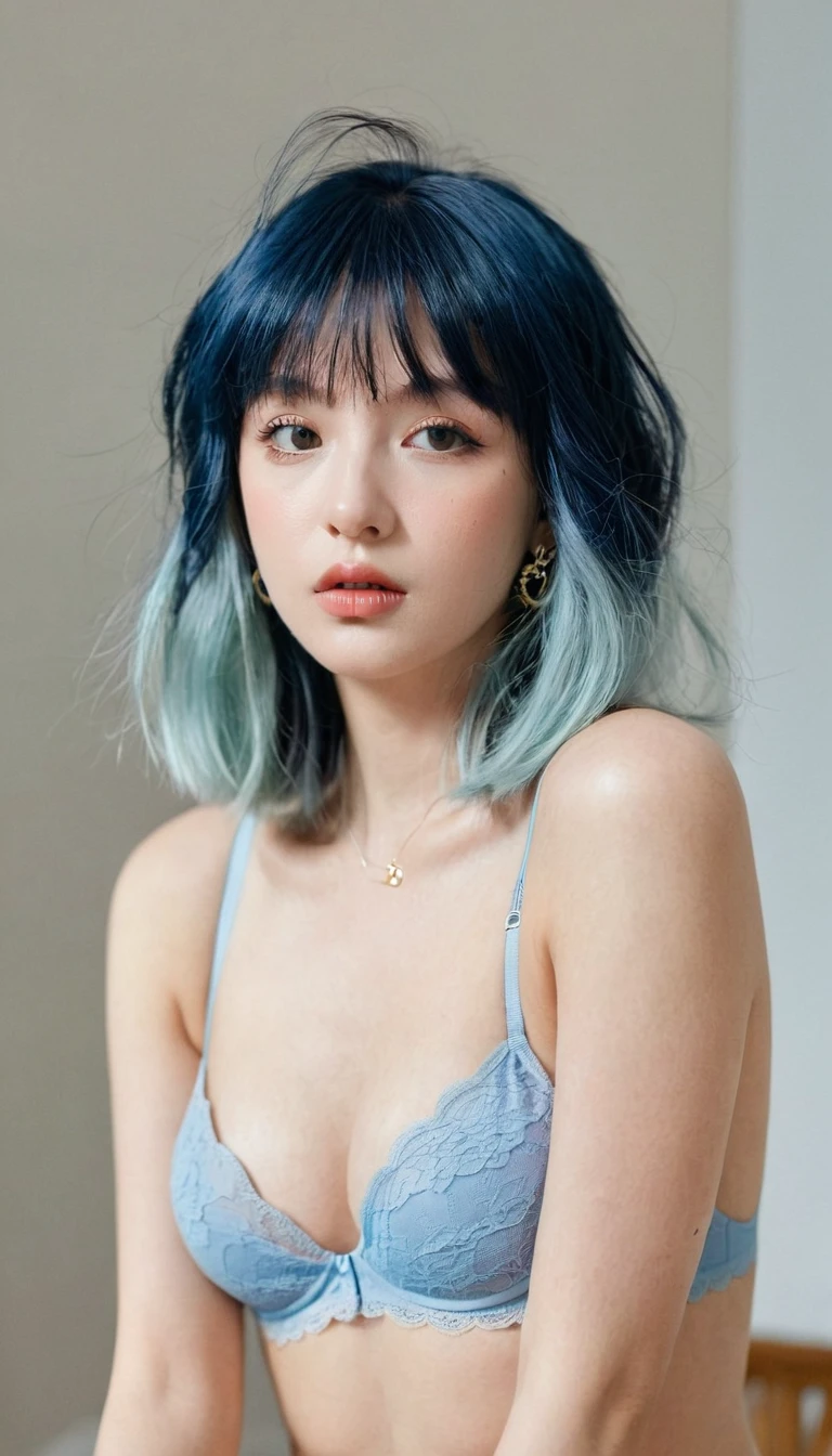 in the room, underwear, blush, Focus on the face, Bangs, Hair ring, Blue Hair