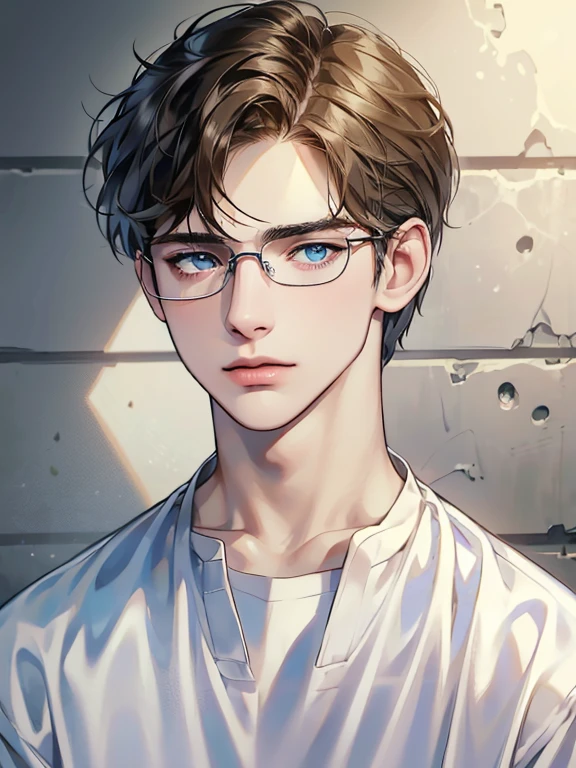 masterpiece, best quality, 1male, brunette hair, blue eyes, 32 years, glasses, white shirt, mugshot, wall background, detailed eyes, detailed facial features, realistic and high resolution (best quality, 4k, 8k, highres, masterpiece:1.2)