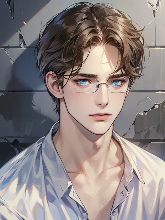masterpiece, best quality, 1male, brunette hair, blue eyes, 32 years, glasses, white shirt, mugshot, wall background, detailed eyes, detailed facial features, realistic and high resolution (best quality, 4k, 8k, highres, masterpiece:1.2)