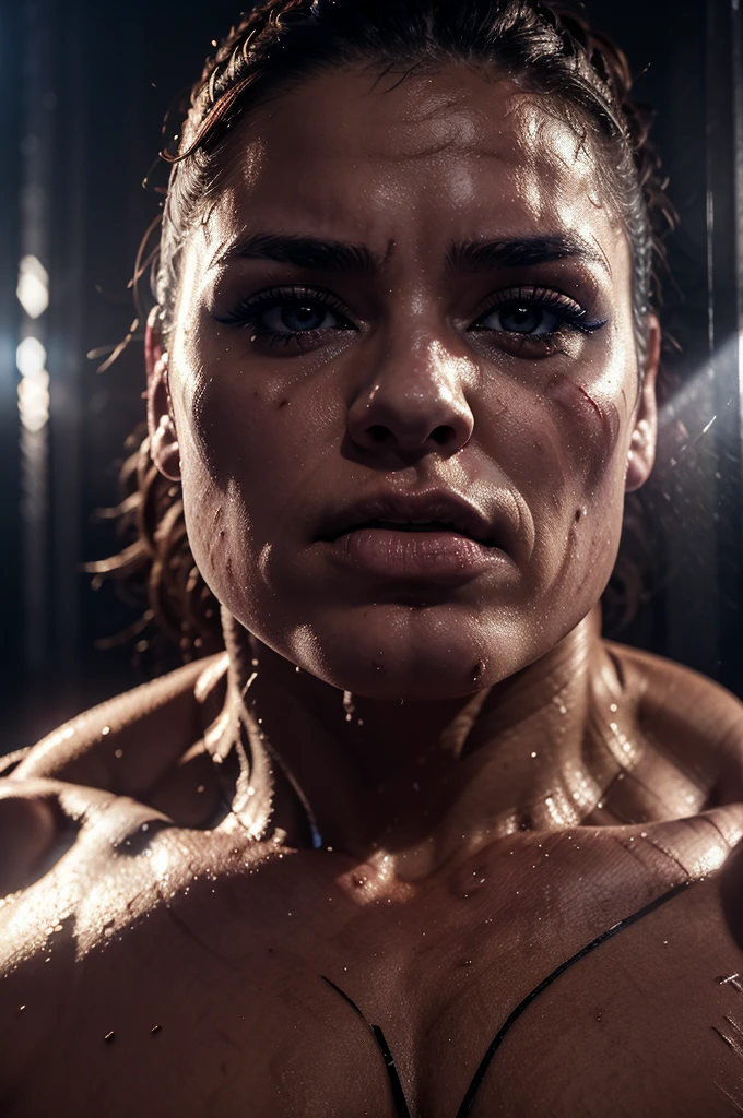 a female ufc fighter,sweaty,curvy,wearing lingerie,partially bruised face,dramatic lighting,high contrast,ultra detailed,cinematic,8k,hyper realistic,photorealistic,masterpiece,dramatic atmosphere,hyper detailed skin,sharp focus,cinematic composition,dramatic pose,beautiful detailed eyes,beautiful detailed lips,extremely detailed face