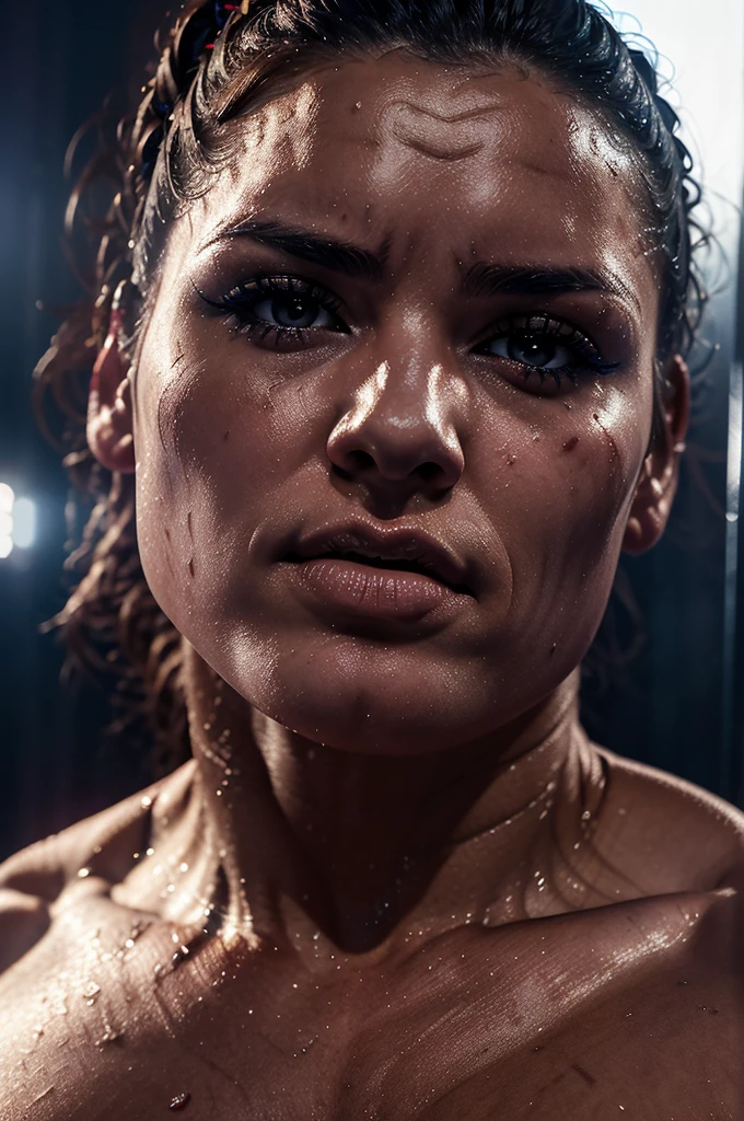a female ufc fighter,sweaty,curvy,wearing lingerie,partially bruised face,dramatic lighting,high contrast,ultra detailed,cinematic,8k,hyper realistic,photorealistic,masterpiece,dramatic atmosphere,hyper detailed skin,sharp focus,cinematic composition,dramatic pose,beautiful detailed eyes,beautiful detailed lips,extremely detailed face