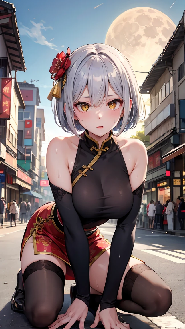 young girl , short silver bob hair, hair flower, sharp bangs between the eyes, yellow eyes, eyes large, provocative look, obscene expression, notable physical features, traditional chinese imperial clothes black with gold details, red skirt, black thigh high socks. half-sided angle, crouched in the street. japanese city, outdoor city, city at night, with full moon in the background, light reflecting on the sexy and sweaty body. (((sweat))) (work of art:1.2,) (best qualityer.)