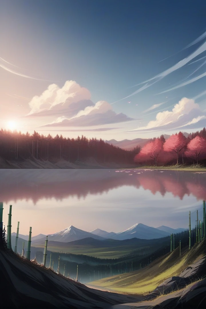 A hyper realistic 3D landscape photograph of a large windows of a luxurious bedroom with a wood-burning fireplace provide a warm atmosphere, bookcase, while the heavy rain outside the window, the sky is cloudy, views of the mountains and lake under the cliff, bamboo forest, cherry blossom forest, cloudy sky, dark night cinematic, cinematic, 35mm lens camera, f22 photo, wide-angle lens, 16:9 ratio, 8k UHD, soft light greenish aquamarine,