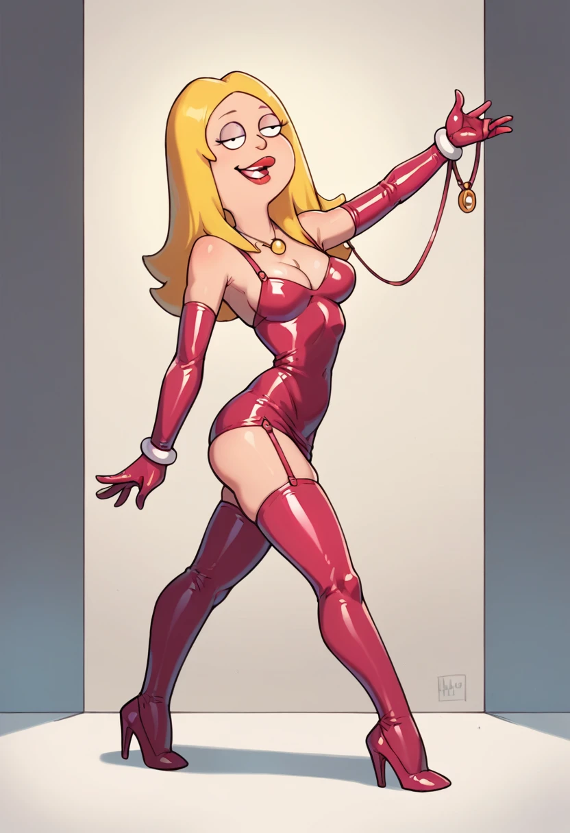 francine, blonde hair, 1girl, long hair, white braclet, breasts, solo, necklace, latex stockings, latex armwear, slutty female, sexy pose, high heels,tétons
