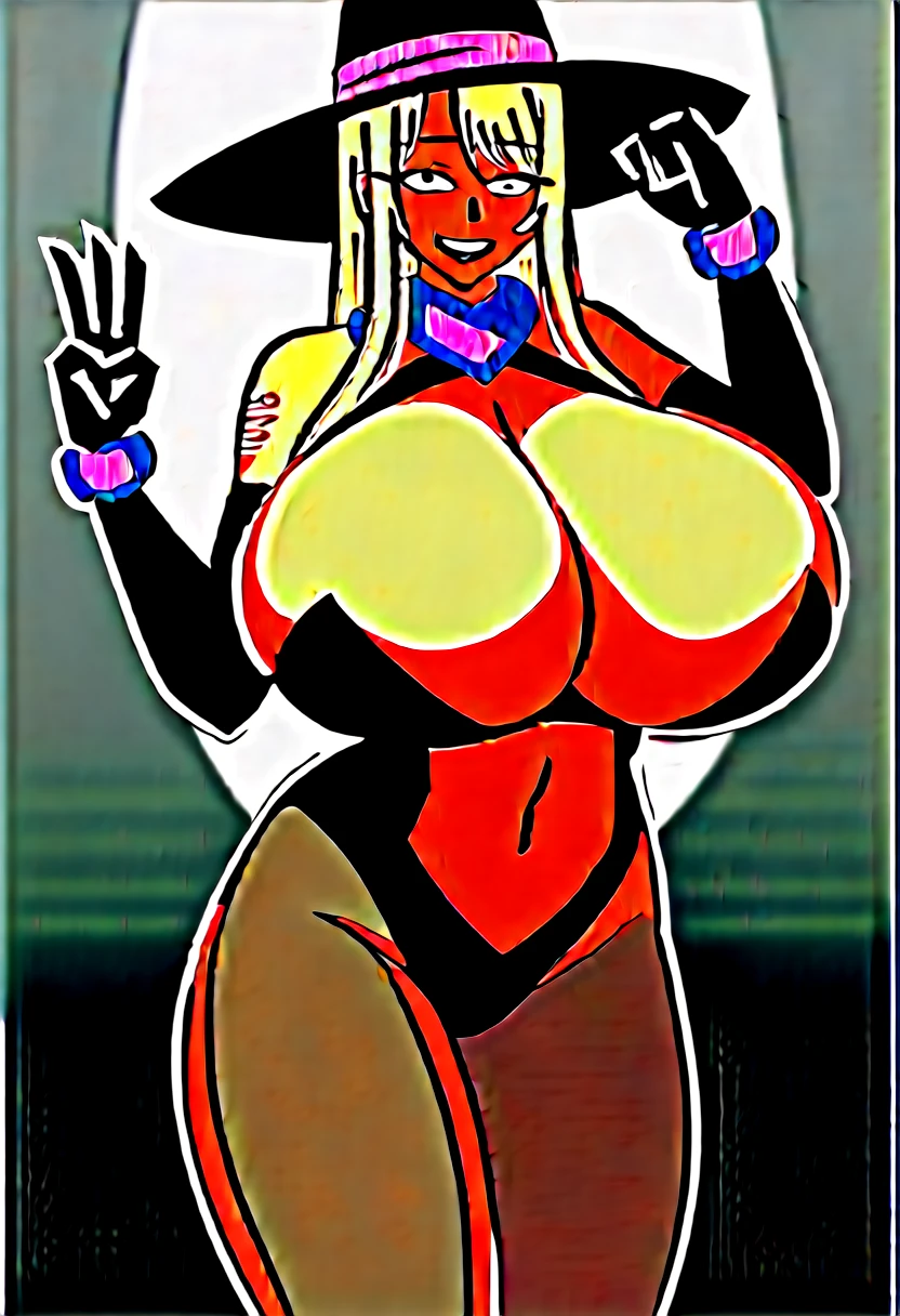 masterpiece), Highest quality,
One girl, (Ultra-high resolution:1.6), (eyelash:1.5),
(Exquisitely detailed body:1.2),
Yellow Hair,
(bangs:1.1), (ponytail:1.1),
Purple eyes, (Gothic Makeup, Red lipstick, eye shadow:1.1),
(Pale skin:1.1), (Huge breasts:1.8),
Grin, Open your mouth,
(Gold embroidered bodysuit, Belly button cutout, tattoo:1.2), (pantyhose:1.2),
(Witch Costume:1.2),
(ribbon:1.1), (jewelry:1.1), gloves,
Are standing, peace,
(whole body:1.1),
( White Background:1.2)"、Obscene lines、(お腹にObscene lines)お腹にtattoo