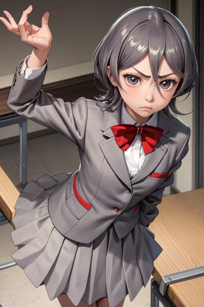 masterpiece, Highest quality, Cutchikirkia, bow tie, Grey blazer, Grey Skirt, School, classroom, Cowboy Shot, View your viewers, Frowning, From above