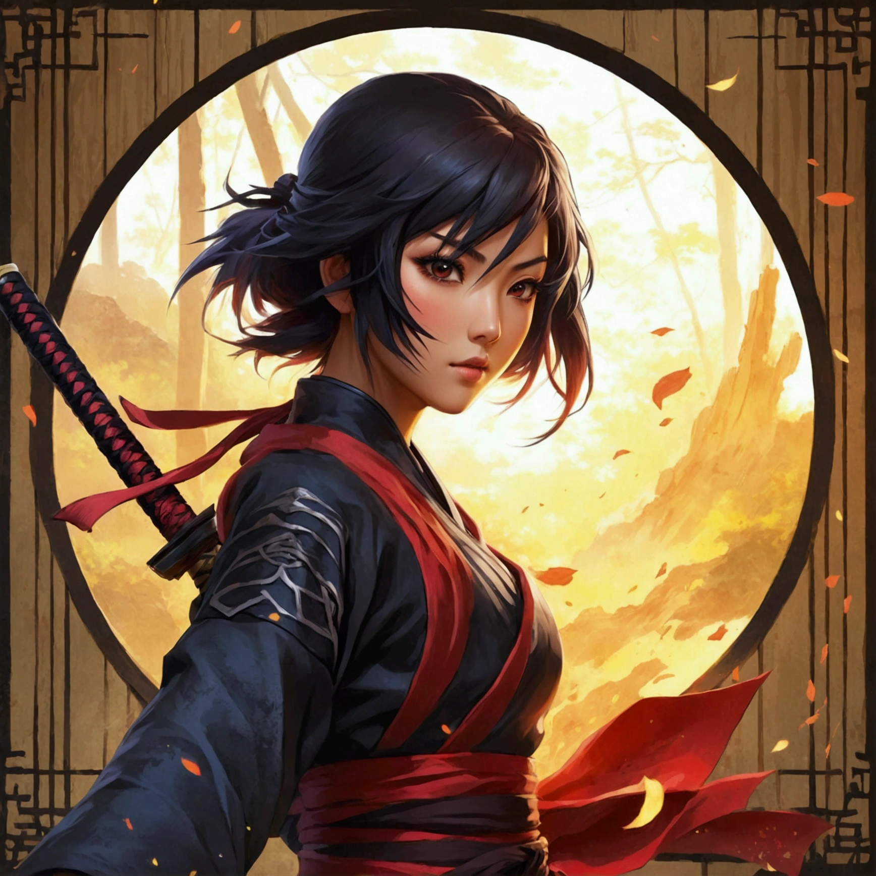 Create an illustration that meets the following conditions:。　-Create a round frame icon　-Realistic anime style　-Ninja character　- Fantasy background　-The theme is Ninja vs Kunoichi
