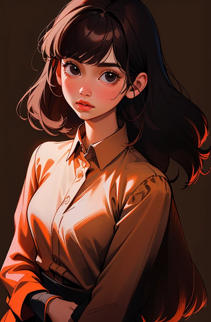 1girl,solo,black hair,simple background,long hair,realistic,lips,bangs,black eyes,upper body,looking at viewer,dress,shirt,brown hair,long sleeves,