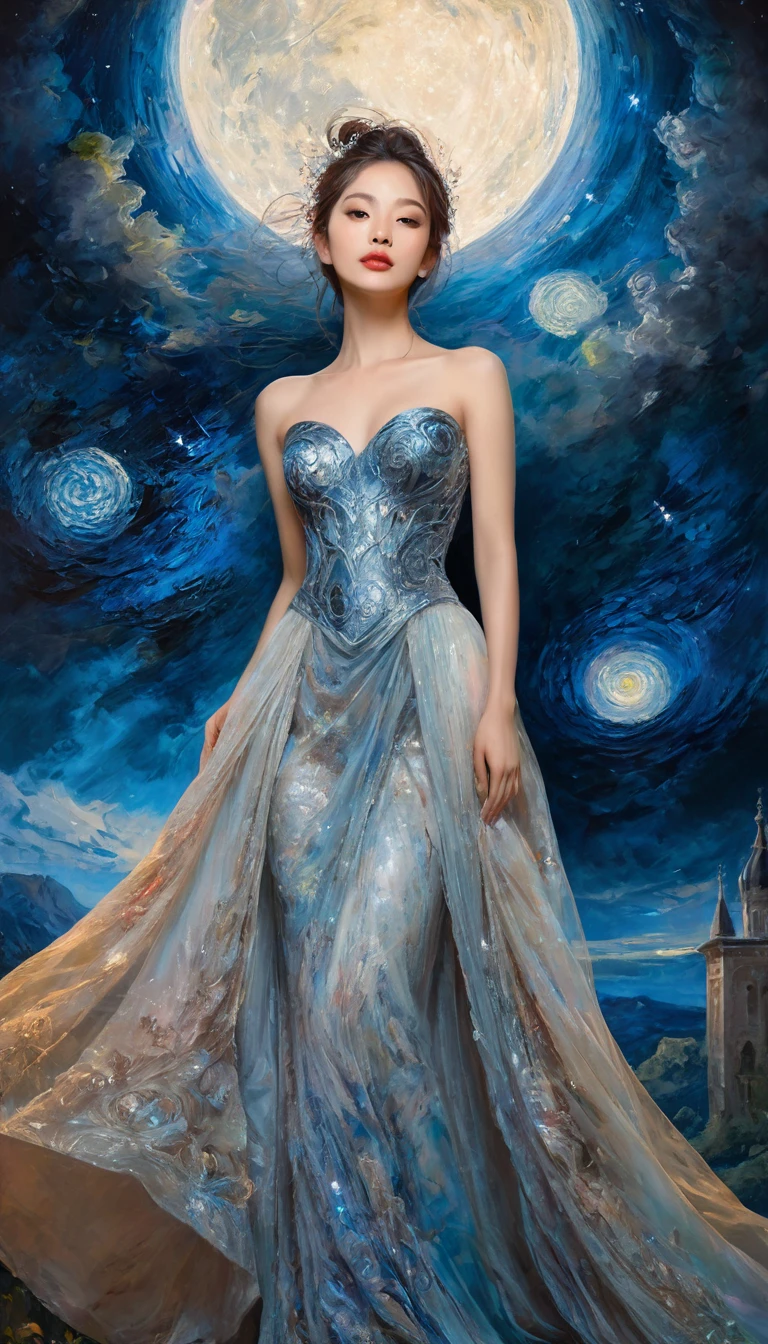 A beautiful solo princess, elegant, detailed, beautiful, (Rubens style), (Romanesque background), (Night Sky), elegant detailed dress, (Artwork by dgtlv2、Henry Asencio、zeen chin、by josephine wall and edwin deakin), (masterpiece), (Good anatomy),