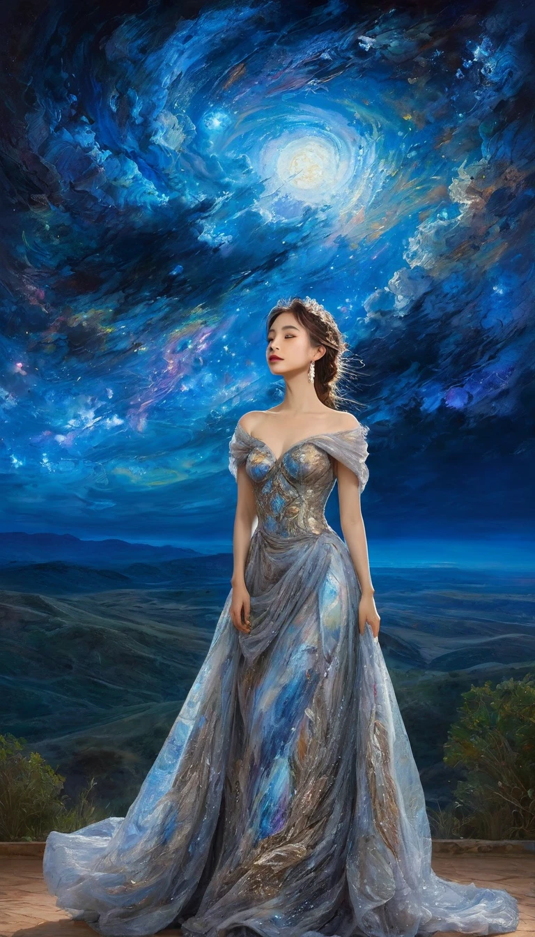 A beautiful solo princess, elegant, detailed, beautiful, (Rubens style), (Romanesque background), (Night Sky), elegant detailed dress, (Artwork by dgtlv2、Henry Asencio、zeen chin、by josephine wall and edwin deakin), (masterpiece), (Good anatomy),