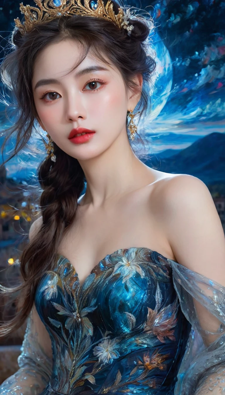 A beautiful solo princess, elegant, detailed, beautiful, (Rubens style), (Romanesque background), (Night Sky), elegant detailed dress, (Artwork by dgtlv2、Henry Asencio、zeen chin、by josephine wall and edwin deakin), (masterpiece), (Good anatomy),