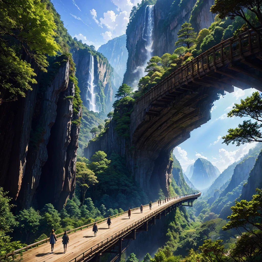 Mysterious Forest,Huge Cliff,Nature,Walking path,A world beyond imagination,Anime Art,Different world,Huge wooden building,romantic,Dream world,best scenery,Best Quality,8K,masterpiece,perfection