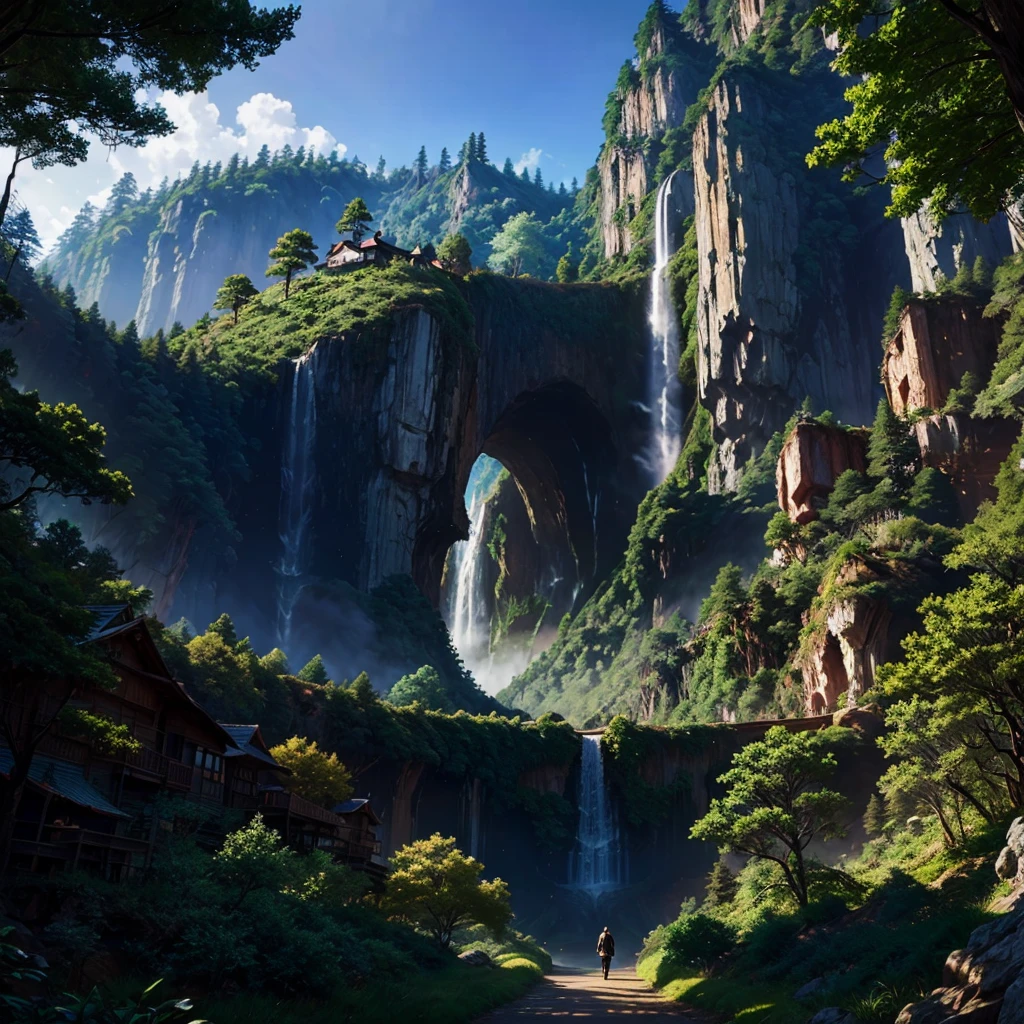 Mysterious Forest,Huge Cliff,Nature,Walking path,A world beyond imagination,Anime Art,Different world,Huge wooden building,romantic,Dream world,best scenery,Best Quality,8K,masterpiece,perfection