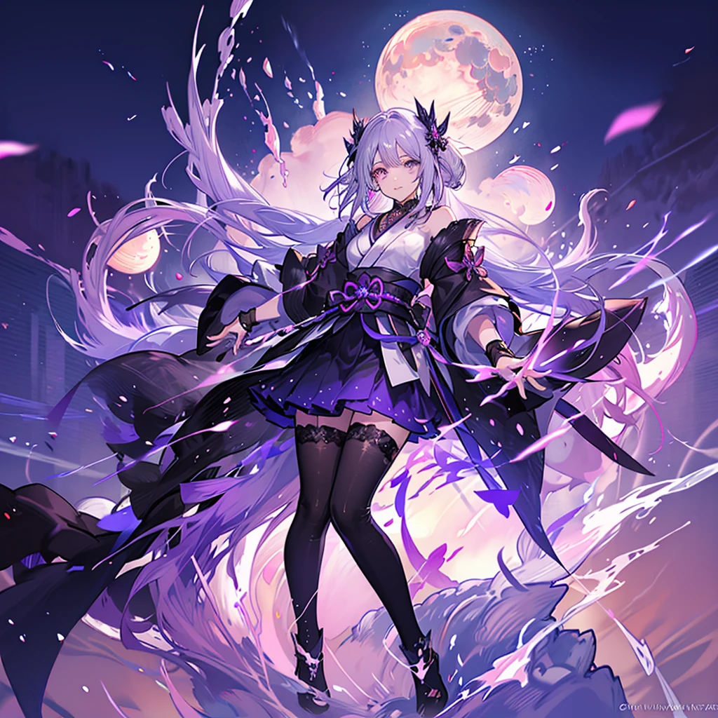 White heir Shot heir Whole body
Japanese SAMURAI Girl
Death Clothes Dress 
Shiny earrings　Bathed in light  
 (Purple and dark Bule Light)
((Dark side Sad and Insanity faice ))
Shadow Aura  Dark Eyes　Confetti　Particles of light  (Eyes Shine Purple Red)
(((Big Fullmoon )))
Catch the wind Light