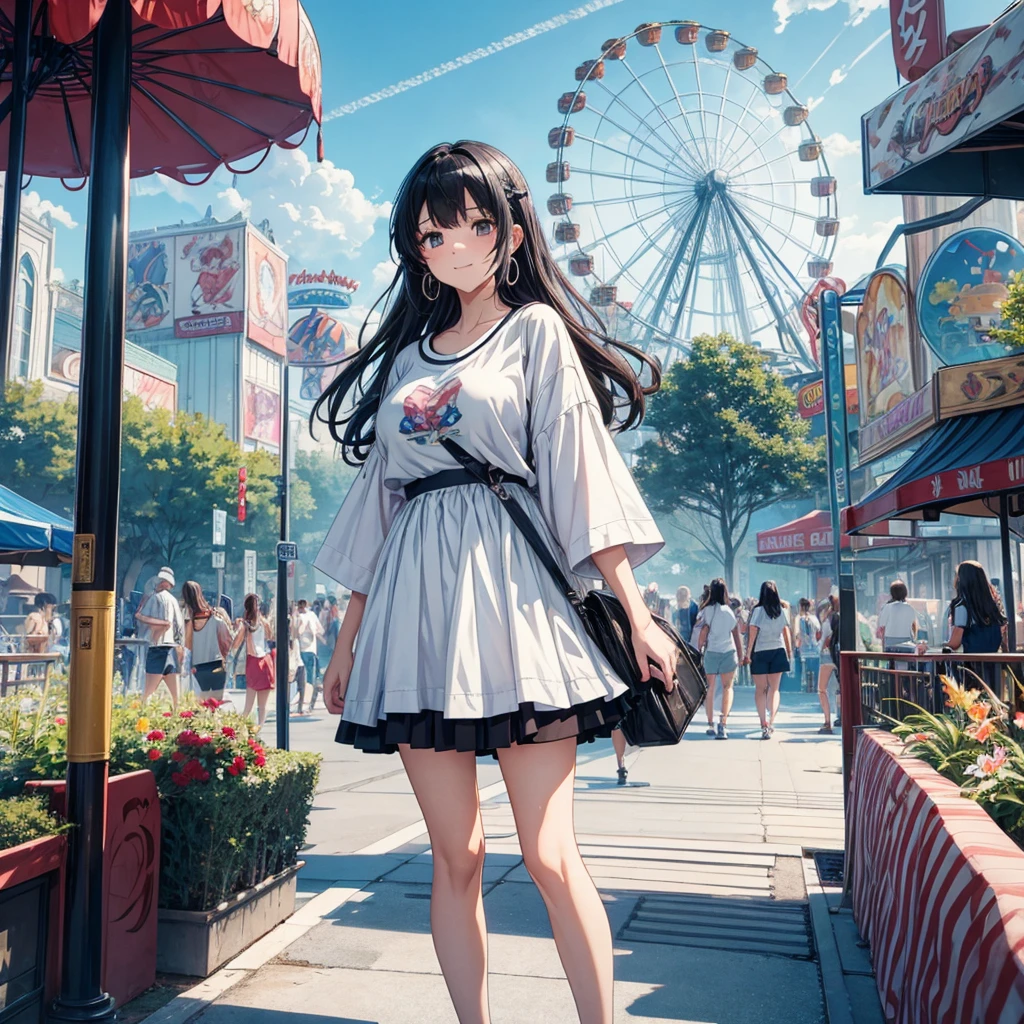 masterpiece Unreal Engine Anime Style Delicate painting 4K 90's giant Multiple Girls crowd amusement park to amusement parkに立っている巨大な女の子 Ferris wheel ジェッtoコースター crowd スカーto Big Breasts White T-shirt Summer clothes Short sleeve Private Server sneakers White socks watch Black Hair smile blue sky cumulonimbus Contrail female giant giant girl Whole body Destroyed skyscrapers Destroyed cars Crowd Unreal Engine,cleavage ,a drawing of a , earrings, long hair, 1980s (style) Cute picture Beauty Analog style whole body sneakers