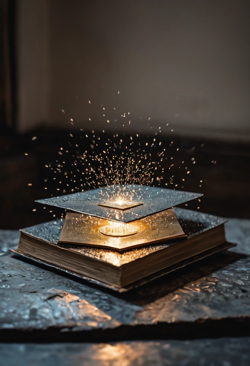 a close up of a book on a metal plate with a light shining, a stipple by Sophie Pemberton, trending on unsplash, abstract illusionism, surprising, shattering, floating spellbook, shocking, shapeshifter, shattering expectations, illusionism, hauntingly surreal, usa-sep 20, 2 0 2 0 fashion, amazing!