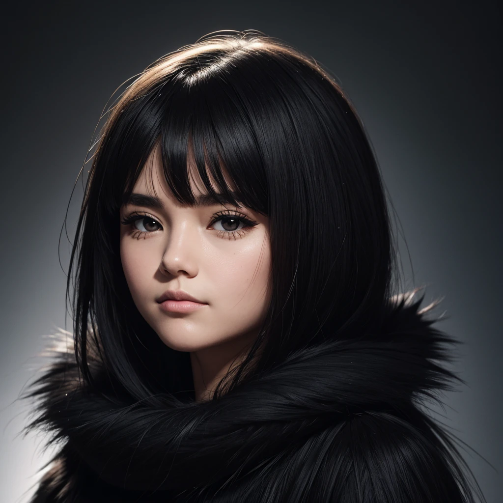 Woman round face, black eyes, long smooth black fur