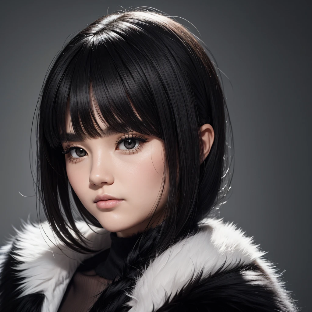 Woman round face, black eyes, long smooth black fur