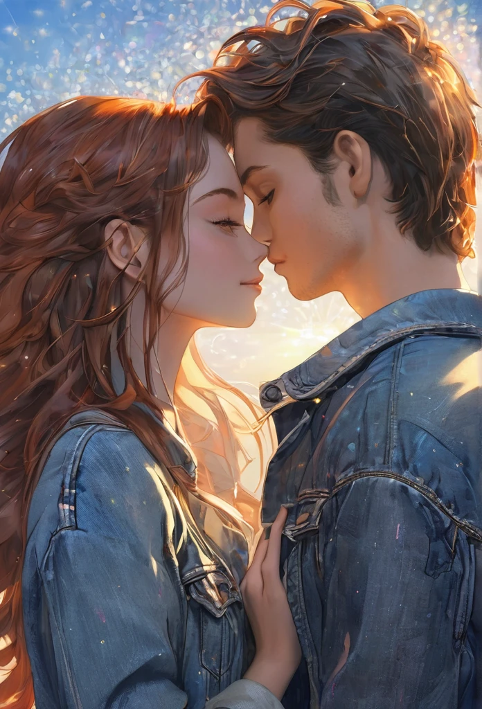 facing each other, side view, looking at each other, hugs, (1 girl, 1 guy: 1.5), (25 years: 1.5), (masterpiece: 1.3), illustration, (beautiful detailed light: 1), (beautiful detailed face: 1,4), (cinematic light: 1,2), over-detailed, (guy: (disheveled hair: 1), red-red hair, (impassive: 0.5), blue eyes, male, (fair skin:1.3), (blue, denim jacket:1.5),(girl: short, , with long hair, brown hair, rainbow shirt, (girl: fair skin:1,3)), (guy kisses girl on the forehead) side view, hugs, (beautiful detailed background: 1.3), sunset background, street background, (luminous white particles), (illustration:1.3), masterpiece, fascinating illustration, natural beauty