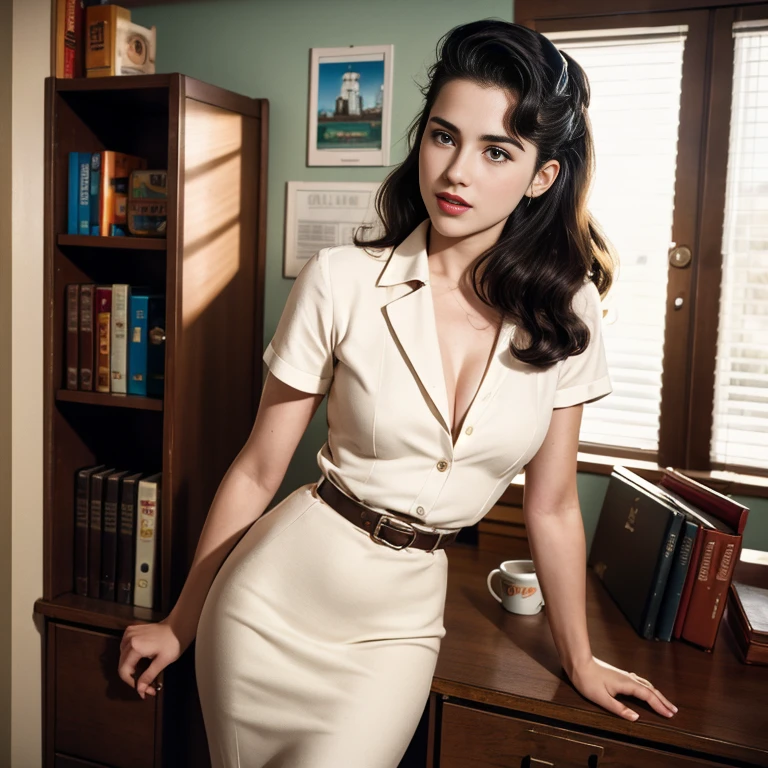 Retro Cam. margaret qualley, office, secretary, pin-up, vintage, 22 years old, perfect body, 40's, perspective, half body detail, sharp focus, light mix, detail, 50's, (high skin detail: 1,2), 8k hd, Wallpaper, DSLR, Luz outfit, high quality, Fujifilm XT3 Grainy Films.