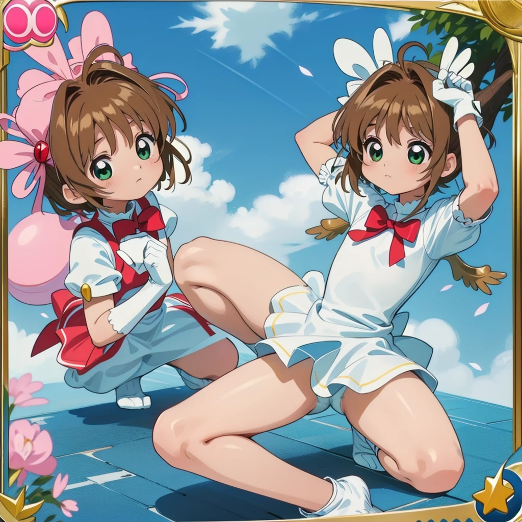Sakura Kinomoto(Card Captor Sakura) ,, ,spread both legs,arm behind head,flat chest,, squat exercise,whole body(from the top of the head to the toes),,female Bodybuilding,1 girl(Central photo).