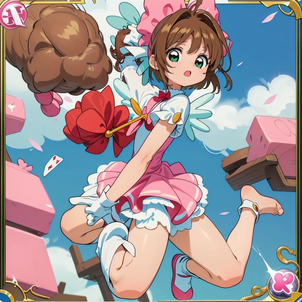 Sakura Kinomoto(Card Captor Sakura) ,, ,spread both legs,arm behind head,flat chest,, squat exercise,whole body(from the top of the head to the toes),,female Bodybuilding,1 girl(Central photo).