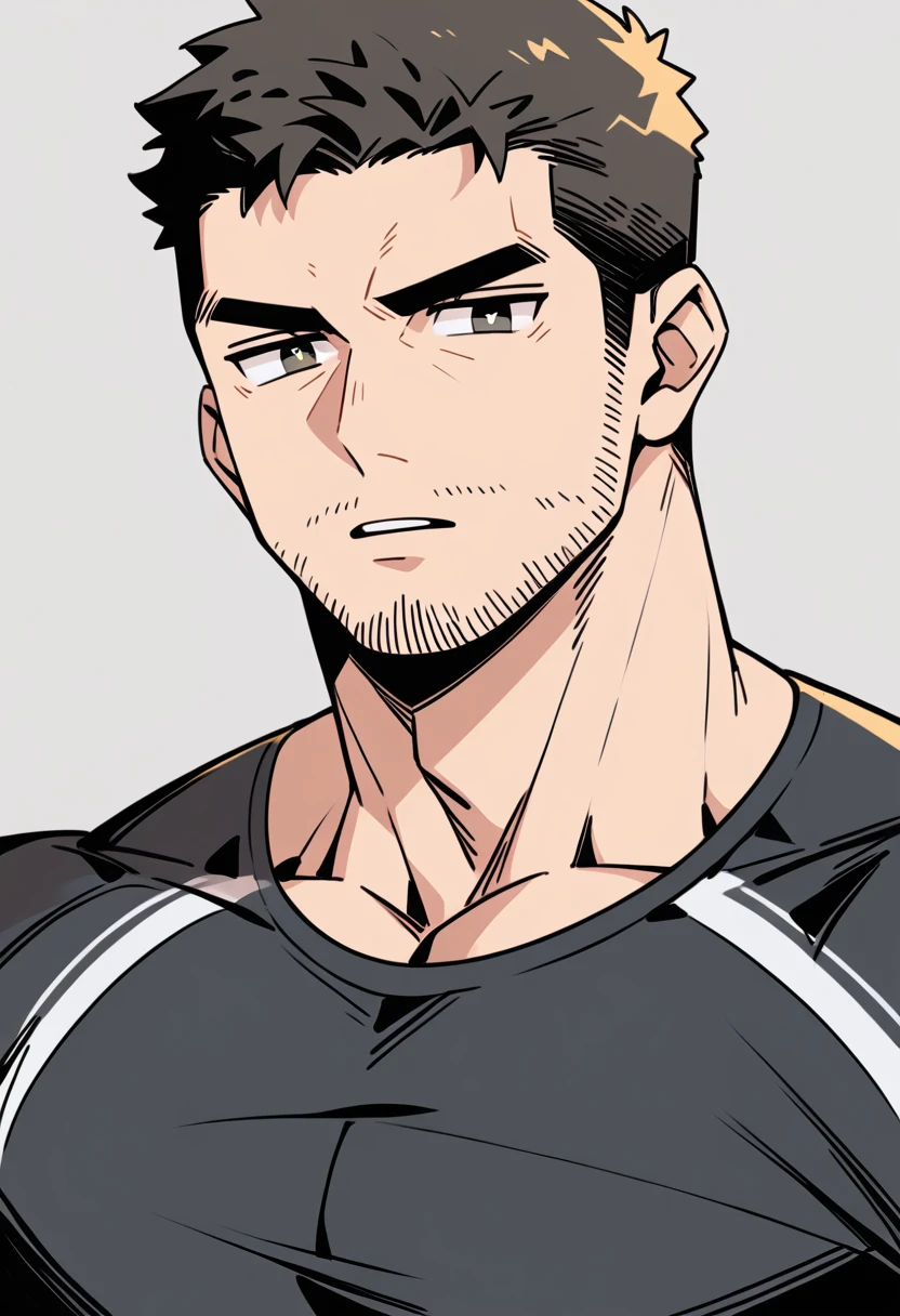 anime characters:Chris Redfield, Muscle Sports Student, Buzz Cut, Manliness, male focus, Dark black Yellow high collar long sleeve tight T-shirt, Very tight, full and perky chest muscles, muscular male, muscular, only, Upper body, alone, Black short hair, Thick eyebrows, stubble, Brown-red pupils, Grey background, simple background, amazing quality, best aesthetics, Ridiculous, parted lips, v-shaped eyebrows, jitome, best quality