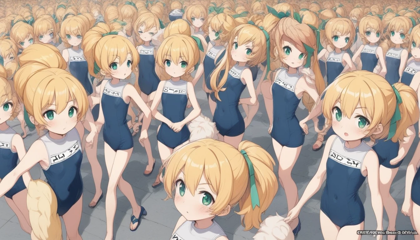 20000+ clone girls, roll(mega man classic),swimsuit roll(mega man x dive old design),mega man x dive, Short stature,flat chest,clone girls,extremely number of clone girls, blond hair, green eyes,high ponytail hair,Sleeveless navy one piece old type school swimsuit with white stripes from armpit to flank,white name tag, navy heeled sandals, green ribbon,human appearance,same height,same appearance, same face,fill the entire image, absolutely everyone, many clone, perfect features,multiple clone girls,same school swimsuit,same hair,official art,girls only,extremely full of extremely crammed,huge crowd,densely packed, masterpiece, best quality,insanely detailed,horde of clone girls, lots of clone girls