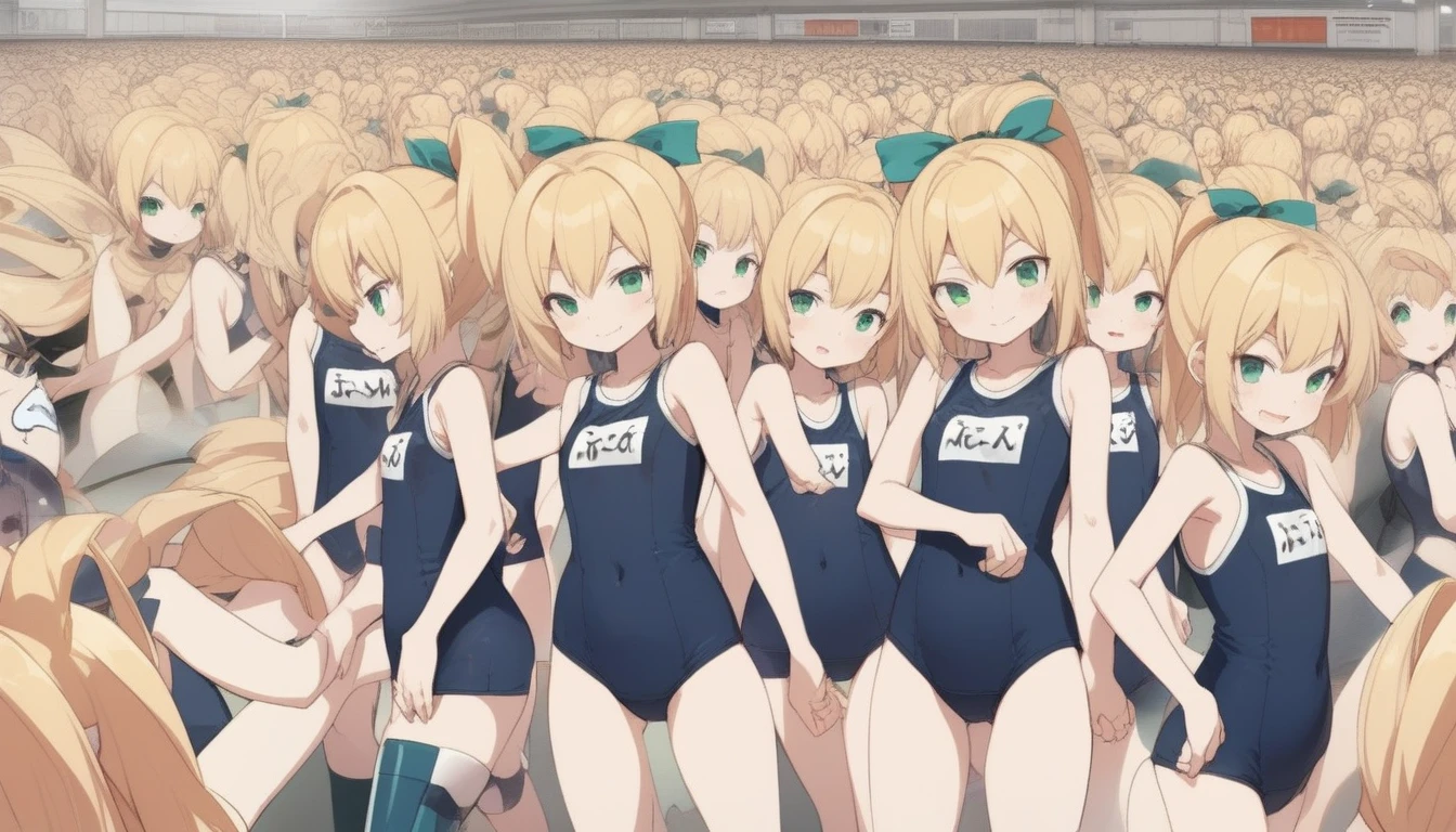 20000+ clone girls, roll(mega man classic),swimsuit roll(mega man x dive old design),mega man x dive, Short stature,flat chest,clone girls,extremely number of clone girls, blond hair, green eyes,high ponytail hair,Sleeveless navy one piece old type school swimsuit with white stripes from armpit to flank,white name tag, navy heeled sandals, green ribbon,human appearance,same height,same appearance, same face,fill the entire image, absolutely everyone, many clone, perfect features,multiple clone girls,same school swimsuit,same hair,official art,girls only,extremely full of extremely crammed,huge crowd,densely packed, masterpiece, best quality,insanely detailed,horde of clone girls, lots of clone girls