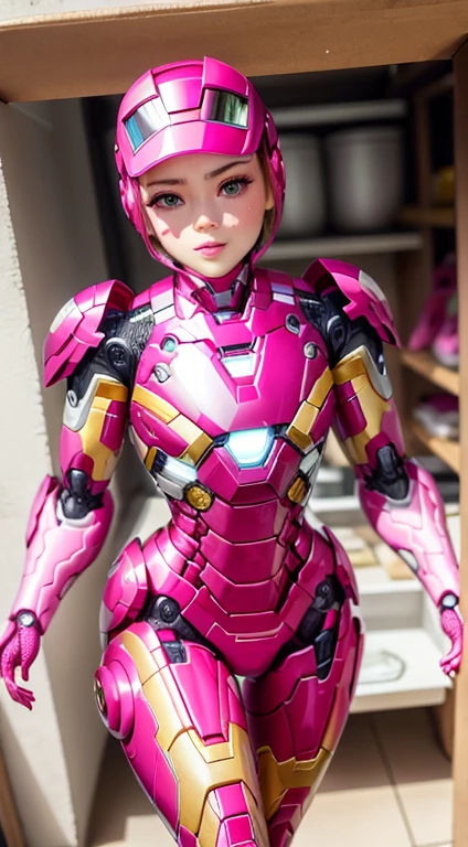 Barbie Core Pink Lovely Iron Man Suit, (Shiny plastic:0.8), (Pink and white:0.9), (pastel:0.85),s letter