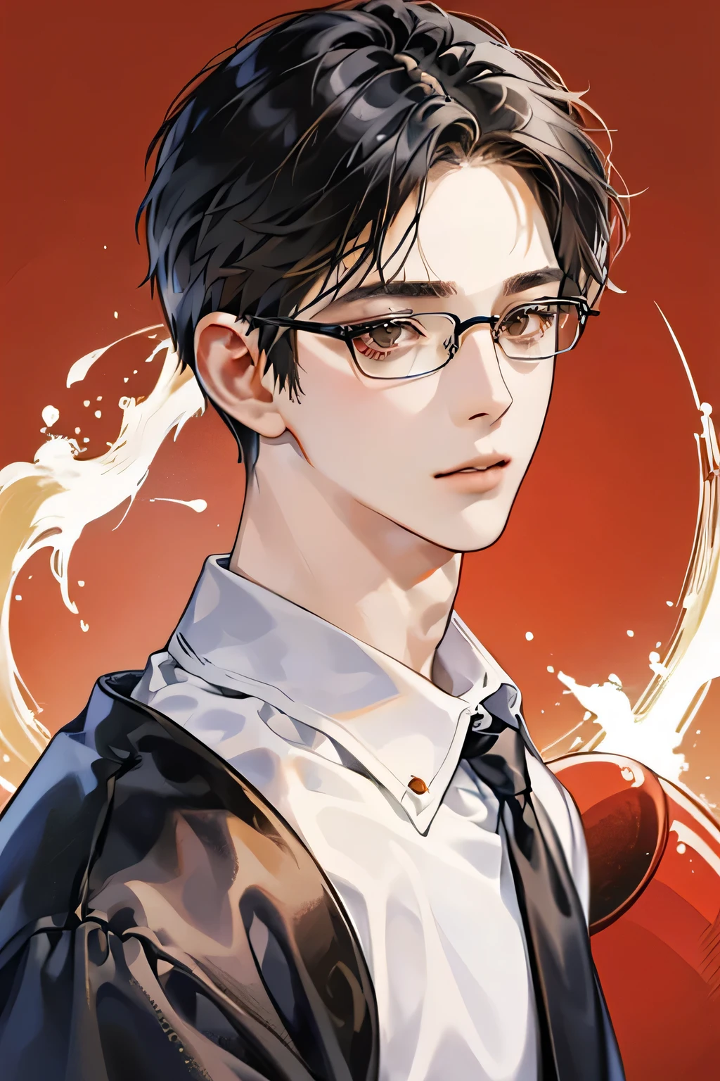 Black Hair、, Sharp eyes、Adult male、Brown eyes、Round Glasses、T-Shirts、Narrow eyes、One person、Detailed facial features