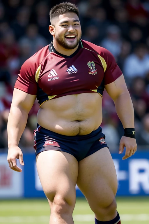 ((highest quality)), ((masterpiece)), (detailed), ((Perfect Face)), 4k, Shaved head, Young Japanese, Muscular, Fat body, Very big man, smile, ((showing off crotch)) A large Japanese man shirtless、whole body、Rugby player、Thick legs、Thick arm muscles、Intimidating、whole body、wearing a very tight and very short black-shorts, (shirtless)、((At the rugby field)), Legs open,