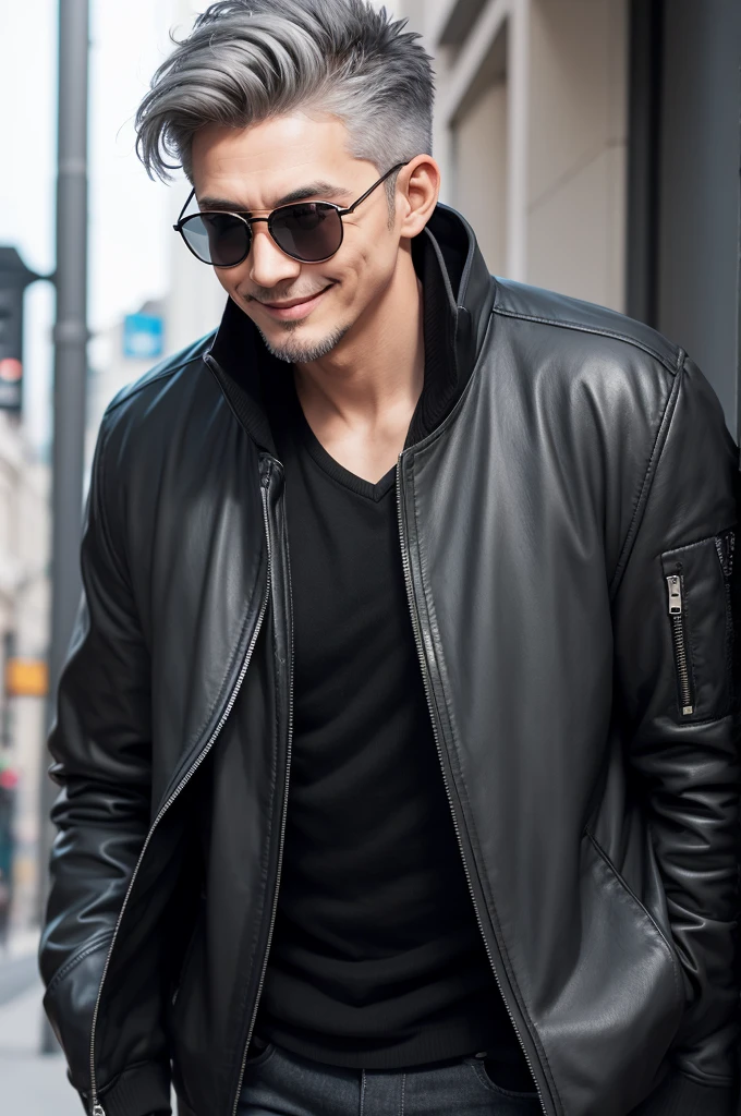 charming man, Grinning, short gray hair, sunglasses, Black jacke, round face with goatee