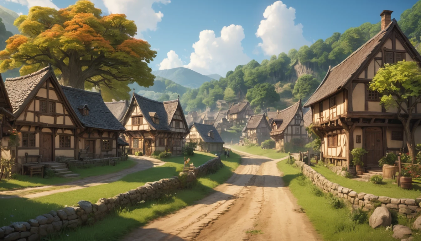 (anime, fantasy, village), (detailed CG unity 8k wallpaper, masterpiece, best quality, ultra-detailed, HDR:1.2), vibrant colors, intricate, high FXAA, medieval village, cluster of houses, oak house, narrow dirt road, people walking, small trees, river, wide angle shot, warm mood, cinematic composition, dynamic lighting